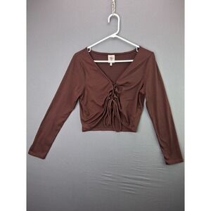 Self Esteem Crop Top Womens XL Brown Long Sleeve Cinched Front V-Neck Knit